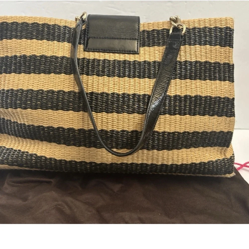 Kate spade Handbag Satchel Straw Leather Shoulder Bag Black Camel Striped